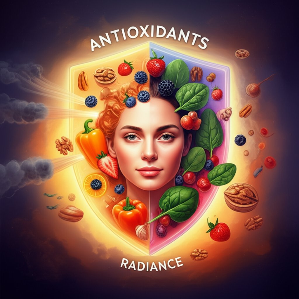A vibrant, artistic illustration depicting skin cells being protected by a glowing shield of colorful fruits and vegetables (berries, bell peppers, spinach, nuts). On one side, subtle symbols of environmental stressors (sun rays, pollution haze) are being repelled. On the other side, skin appears smooth and radiant. Text on image: 'ANTIOXIDANTS', 'RADIANCE'. Not futuristic, realistic painterly style.