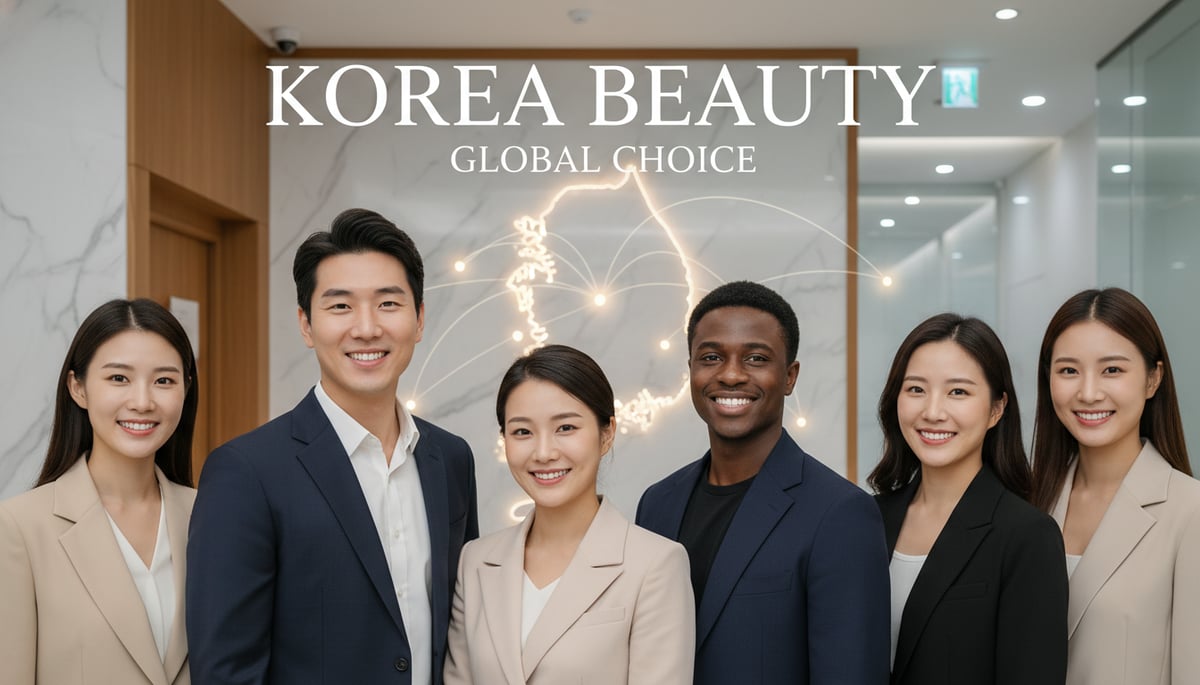 Individuals with healthy glowing skin against a backdrop representing South Korea as a global beauty hub.