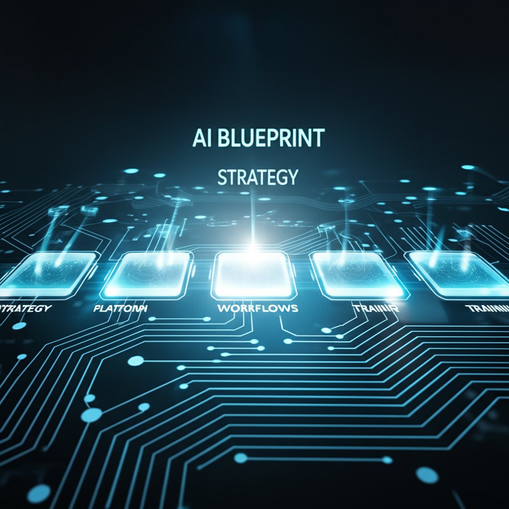 An intricate, glowing blueprint diagram laying out a clear path, with distinct steps labeled as 'STRATEGY', 'PLATFORM', 'WORKFLOWS', 'INTEGRATION', 'TRAINING'. Digital lines and nodes represent AI processes, overseen by a gentle, guiding light. Text overlay: 'AI BLUEPRINT', 'STRATEGY'. Architectural, detailed, technical illustration.