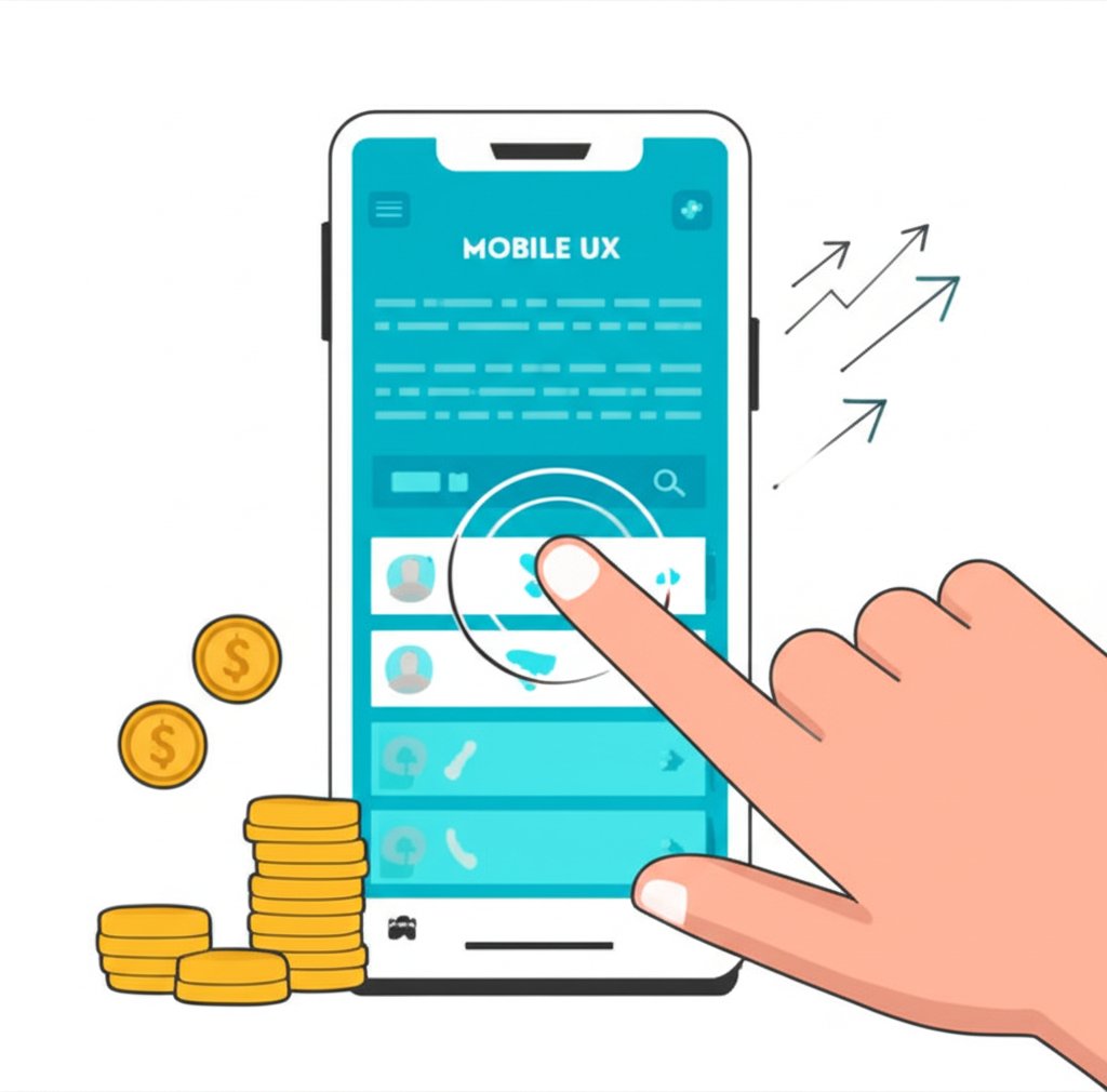 An illustrative image about: A clean, modern image showcasing an optimized **MOBILE UX**. A hand gently tapping on a smartphone s