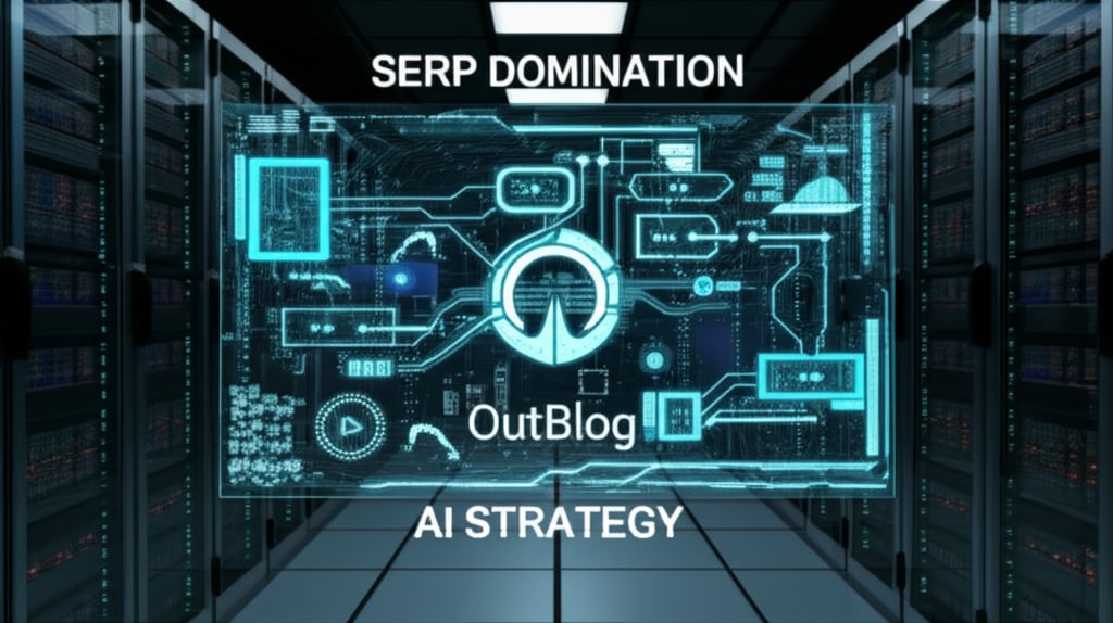 A highly detailed, glowing holographic blueprint projected in a dark, high-tech server room. The blueprint meticulously illustrates a multi-stage, intricate AI strategy for SERP Domination, with various illuminated pathways showing data flow and content generation. Abstract AI elements like neural network patterns, subtle robotic arms, and glowing data streams are integrated into the blueprint's design. In the foreground, a distinct, stylized "OutBlog" logo subtly pulses with a digital glow. Large, bold, glowing text overlays the scene: "SERP DOMINATION" prominently at the top, and "AI STRATEGY" at the bottom, all in a sleek, futuristic font. The atmosphere is one of strategic brilliance, advanced technology, and a clear, dominant vision.