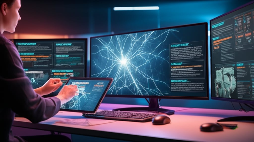 An illustrative image about: A dynamic, high-tech workspace where a content creator collaborates with an advanced AI system. The 