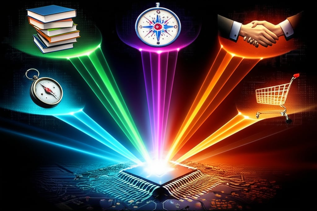 An illustrative image about: A visually rich, abstract depiction of an intelligent AI system at the center, radiating energy. Fro