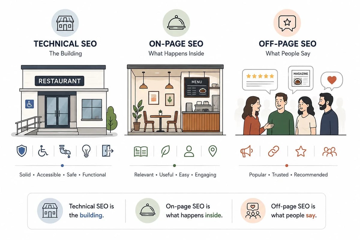 Technical seo vs on page seo vs off-page seo