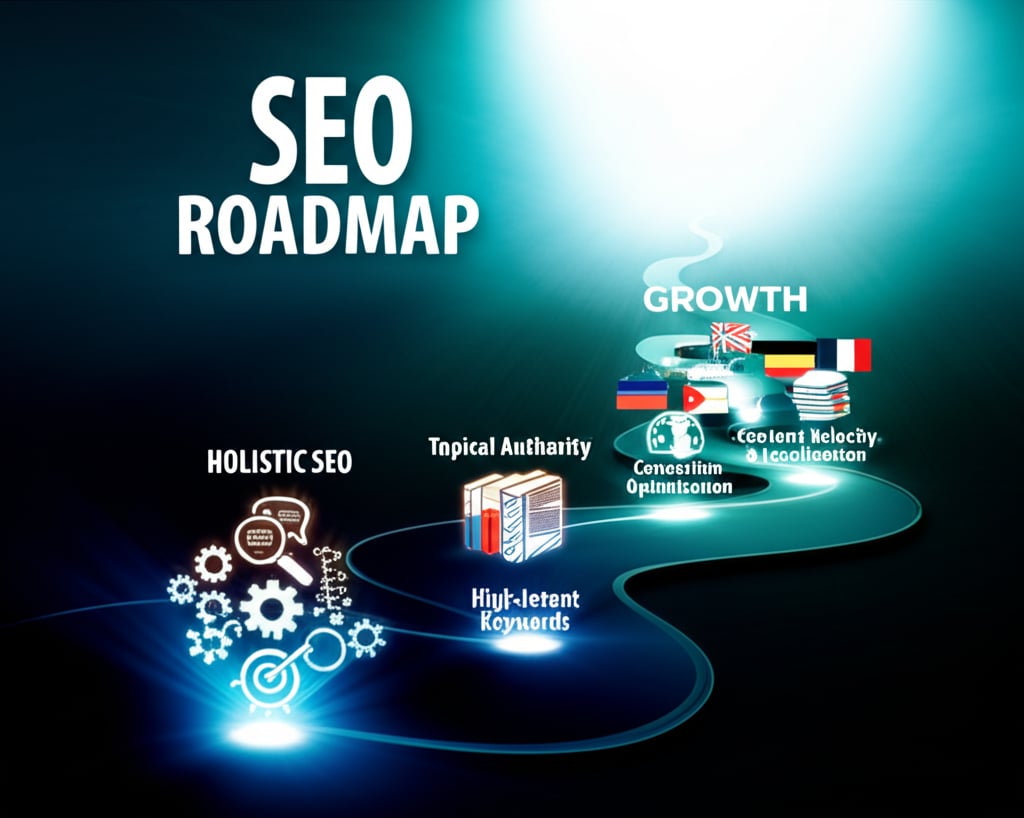 A vibrant, illuminated digital roadmap winding upwards into a bright, open future. The path is clearly marked with glowing icons representing "Holistic SEO" (gears and content bubbles), "High-Intent Keywords" (magnifying glass over target), "Topical Authority" (stacked books/knowledge graph), "Conversion Optimization" (A/B testing arrows), and "Content Velocity & Localization" (speedometer with diverse flags). A compass points towards "GROWTH". Overlay text: "SEO ROADMAP" in large, bold font.