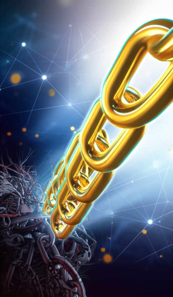 Radiant golden links rise above tangled dark chains against a digital network background, symbolizing quality and upward progress.