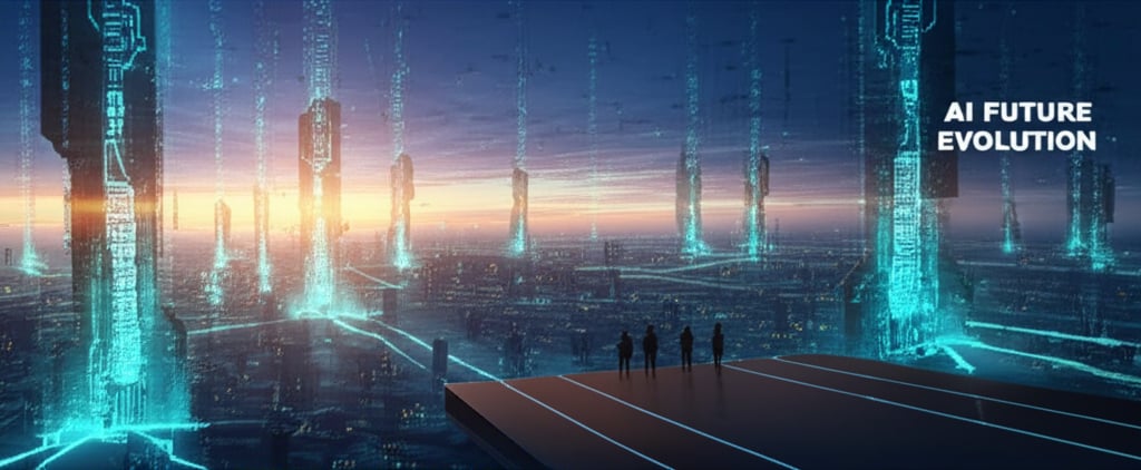 A breathtaking, futuristic cityscape at dawn, with advanced AI systems depicted as towering, luminous structures connected by streams of data. Human figures stand on a high platform, observing the expansive, evolving digital horizon. Text overlay: 'AI FUTURE', 'EVOLUTION'. Panoramic, sci-fi vision, deep perspective.