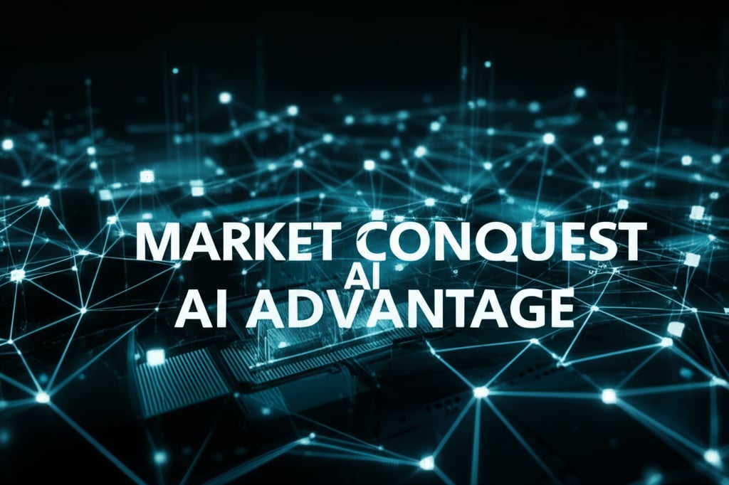 Abstract digital battlefield with glowing AI analyzing data for long-tail keywords, featuring MARKET CONQUEST and AI ADVANTAGE text.