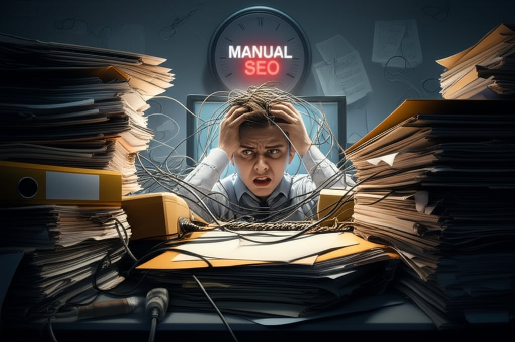 An illustrative image about: A chaotic and dimly lit office scene depicting an overwhelmed marketing agency worker buried under s