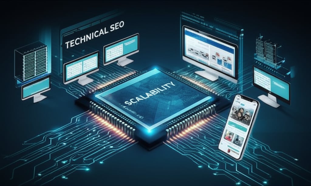 Abstract e-commerce engine with glowing circuits, meshing gears, data streams connecting devices, featuring TECHNICAL SEO and SCALABILITY.
