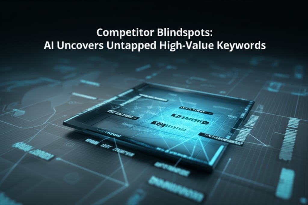 Digital interface shows glowing 'untapped high-value keywords' with the title 'Competitor Blindspots: AI Uncovers Untapped High-Value Keywords'.