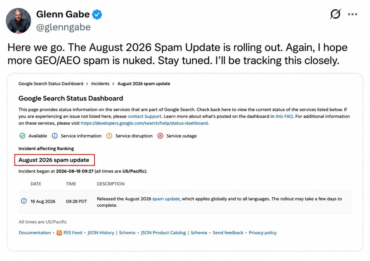 Google Search Status Dashboard incident page for the August 2026 spam update.