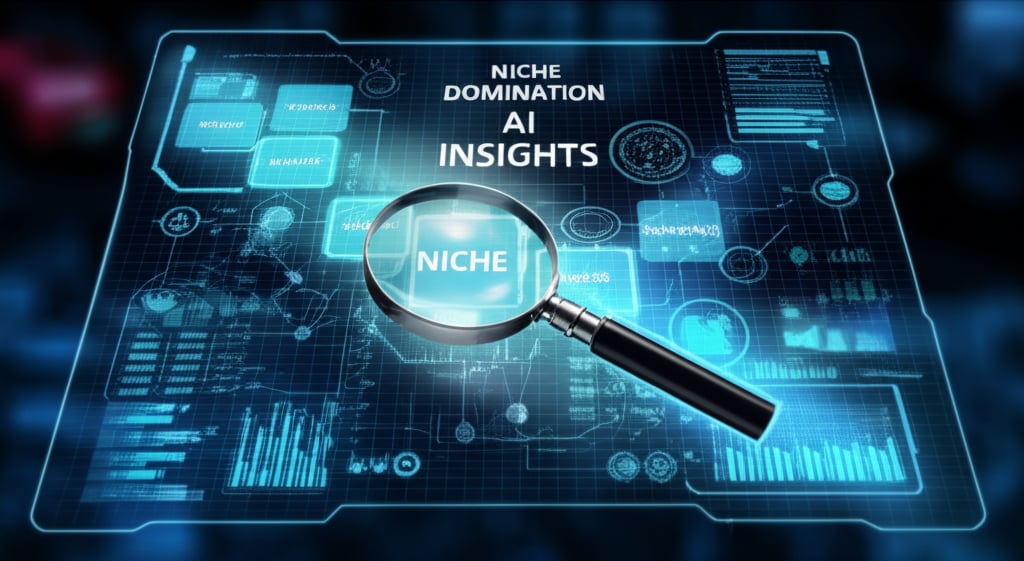 Futuristic AI interface on transparent screen displays digital market, holographic magnifier highlights niche segments.