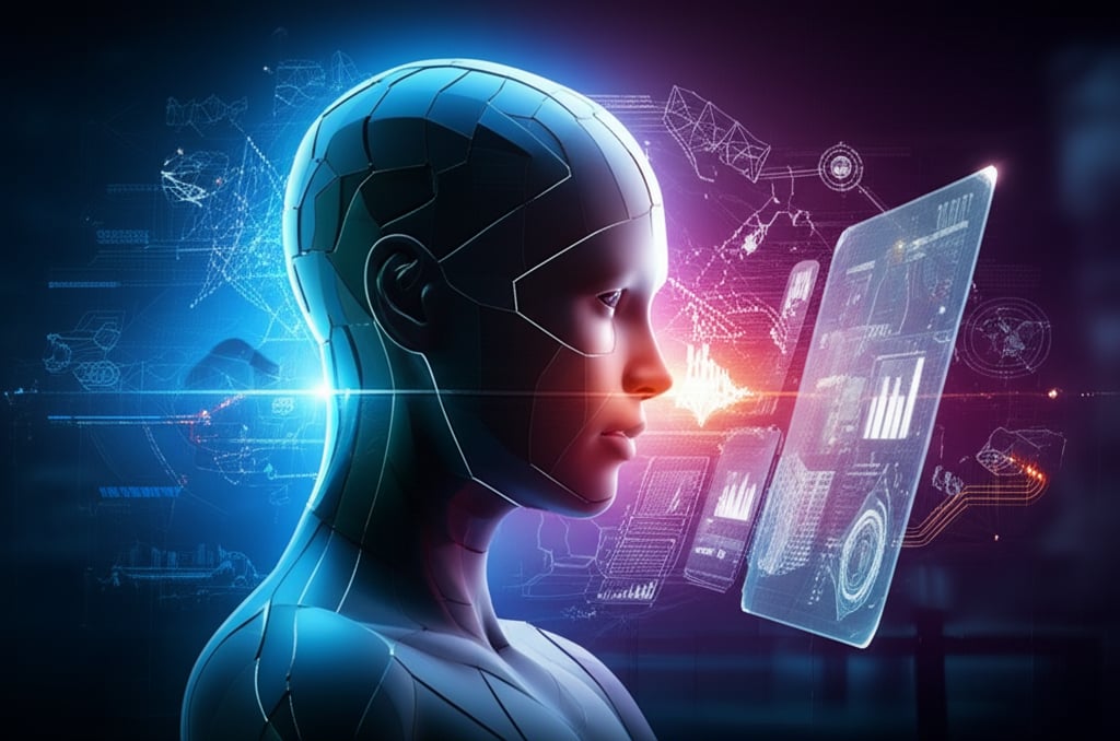 AI human profile engaging holographic data display with Japanese text, vibrant tech background, and title 'Keyword Research for Japan'.