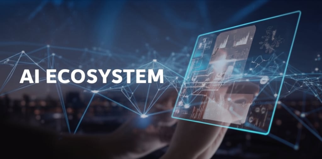 A futuristic, interconnected digital landscape at dusk, with glowing data streams flowing between various abstract nodes, symbolizing an AI-powered marketing ecosystem. In the foreground, blurred human hands are interacting with a translucent holographic interface displaying complex analytics and learning paths. The scene conveys technological advancement and integrated solutions. Large, prominent text overlay: "AI ECOSYSTEM".