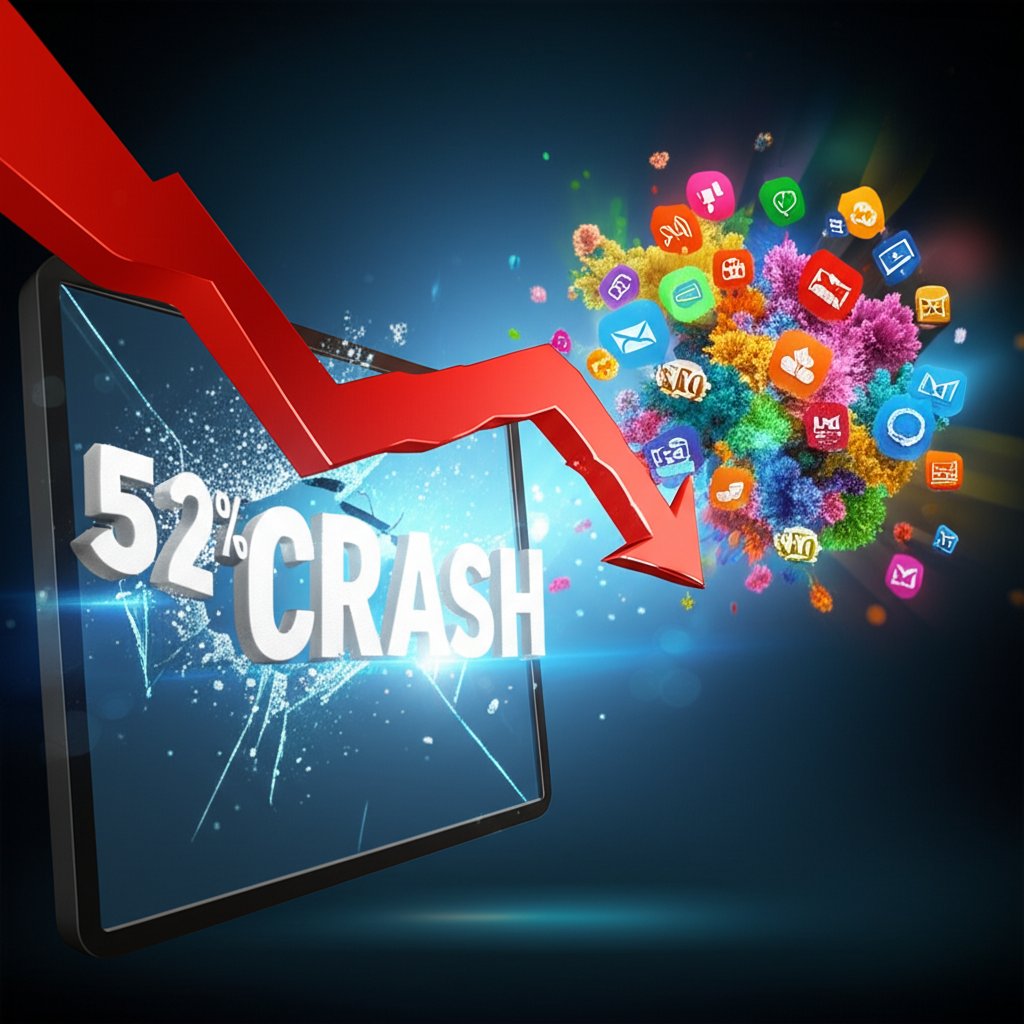 A visually striking digital art piece depicting a dramatic economic downturn, specifically a 'referral crash.' In the foreground, a massive, jagged, downward-pointing red graph line with the bold, large white text '52% CRASH' embedded, pierces and shatters a glowing, futuristic digital screen, from which small, glowing data fragments fly outwards. Behind this broken screen, a vibrant and diverse array of digital marketing channel icons (such as email, social media, SEO, paid advertising, content marketing, and direct outreach) are blossoming and radiating upwards and outwards in various colors, symbolizing strategic channel diversification. The overall atmosphere is urgent and impactful, with a clear contrast between the sharp, destructive crash and the expansive, growing network of new opportunities. High-resolution, dynamic lighting, conceptual art.