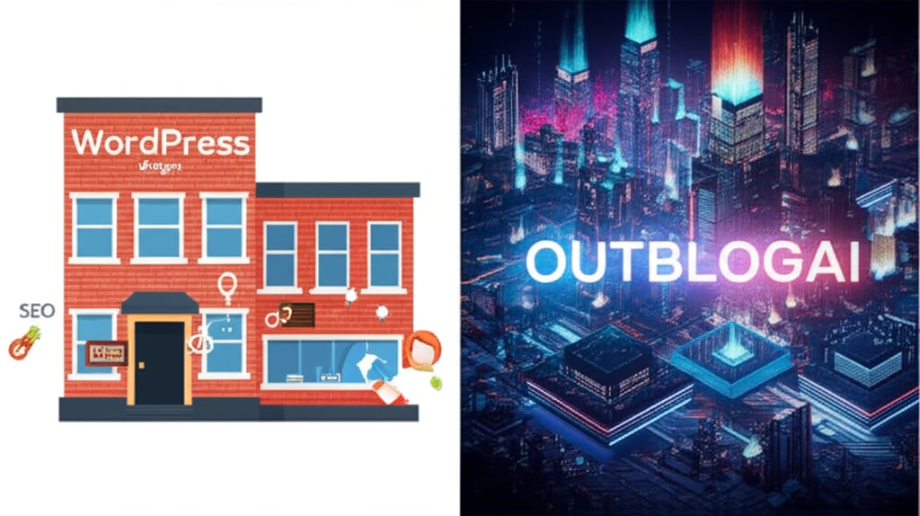 Illustrates two content strategies: a simple WordPress plugin versus a futuristic AI city for advanced SEO with OutblogAI.