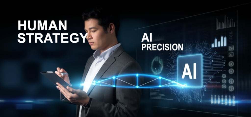 Human SEO strategist brainstorming and a connected AI interface analyzing data, symbolizing human-AI collaboration for future-proof SEO.