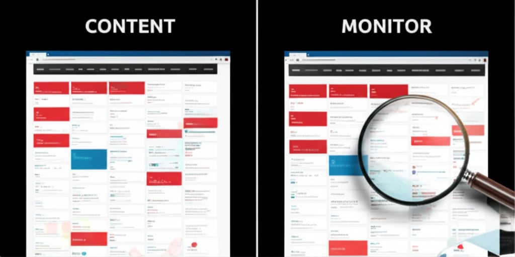 A split image. One side shows a dynamic heatmap of content topics with "red squares" highlighted, symbolizing content gaps, with the text "CONTENT" in bold. The other side shows a digital magnifying glass hovering over a website, highlighting subtle changes, with the text "MONITOR" in bold. The overall aesthetic is clean, modern, and data-focused.