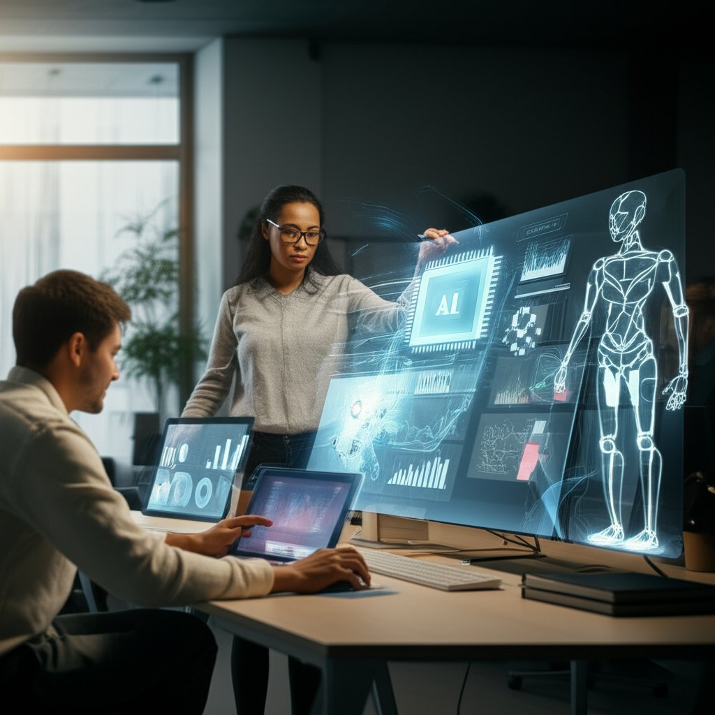 A vibrant, modern office environment where a diverse SEO team is collaborating seamlessly with glowing, ethereal AI entities. One human is strategizing with data flowing from an AI interface, another is creating content, empowered by AI suggestions. The AI is depicted as translucent, helpful digital assistants augmenting human creativity and analysis, rather than replacing them. Text in image: 'Human AI', 'Synergy' in clean, bold fonts. Balanced composition, bright and optimistic lighting, showing teamwork and empowerment, 8K, ultra-detailed.