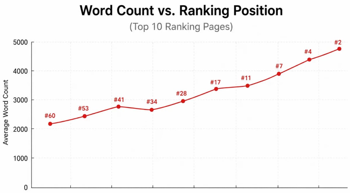 Line chart: ranking improving as word count increases.