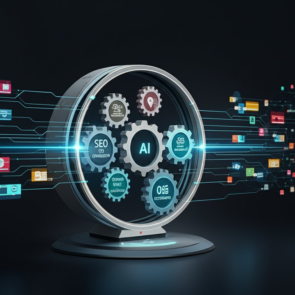 An illustrative image about: A dynamic, sleek illustration of a futuristic 'growth flywheel' machine. The central mechanism is po