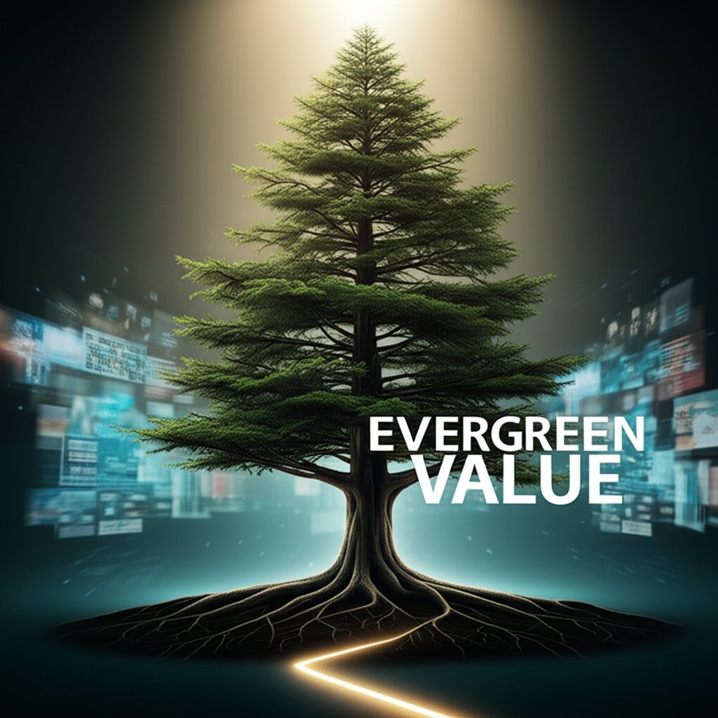 A majestic, gnarled evergreen tree with deep roots, bathed in a soft, consistent light, standing firm and vibrant in a vast, dynamic digital landscape. Around the tree, blurry, rapidly changing screens and fleeting data streams represent ephemeral trends, contrasting with the tree's enduring presence. A subtle, glowing pathway leads towards the tree, signifying consistent organic traffic. Text overlay: "EVERGREEN VALUE" in large, prominent, elegant fonts.