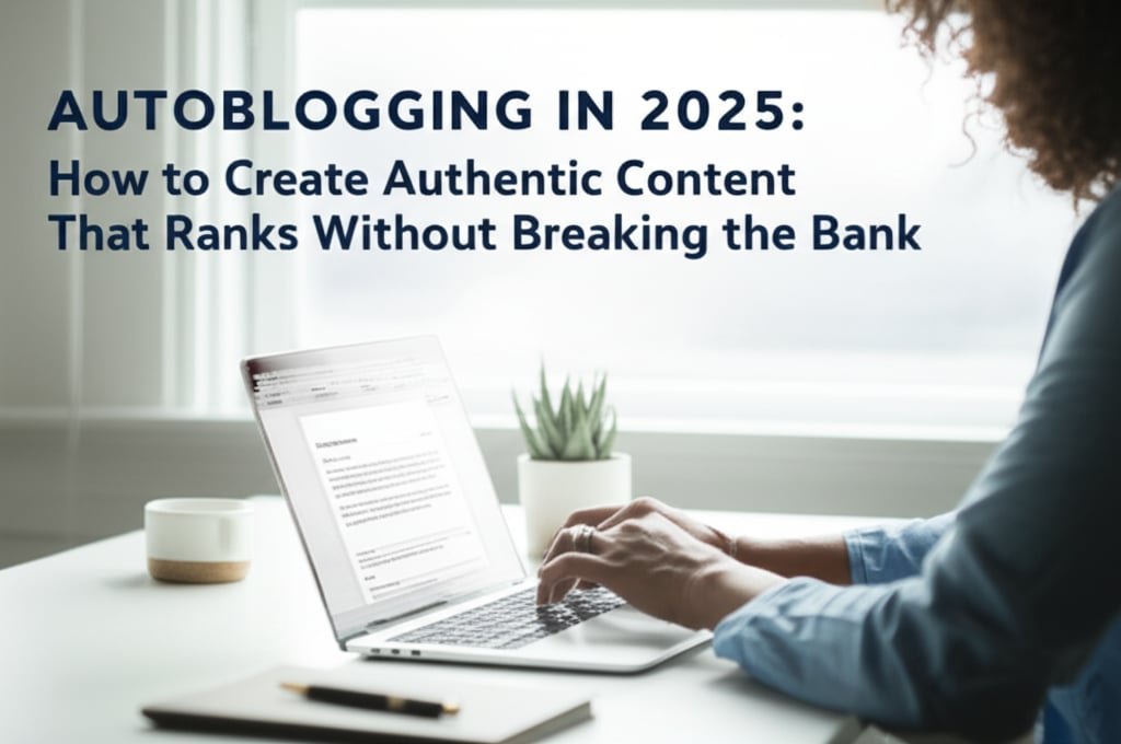 A professional creates content on a laptop in a bright, modern home office, displaying a clean blog editor interface.