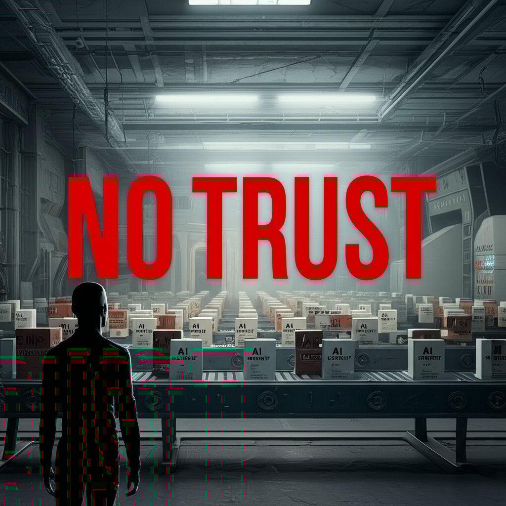 An illustrative image about: A sterile, dystopian factory setting with a long conveyor belt producing an endless stream of identi