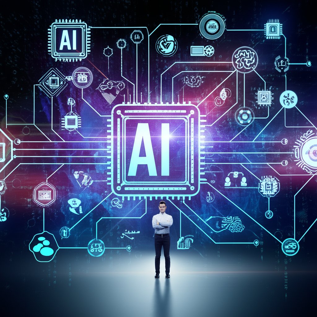 A confident founder oversees an auto-blogging workflow powered by a dynamic network of AI tool icons.