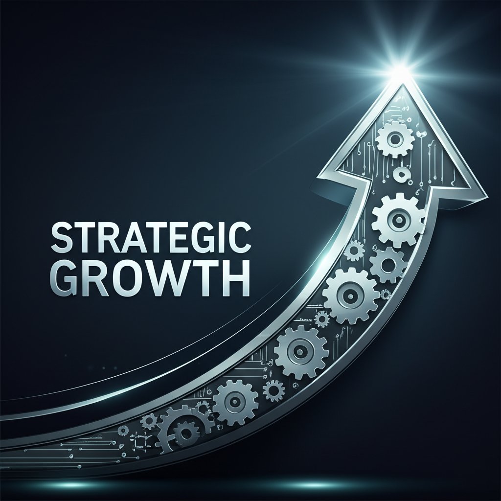 A dynamic, stylized upward-trending graph or growth curve, rendered with sleek, metallic and glowing digital elements, symbolizing long-term innovation and strategic growth. Interlocking gears and subtle circuit patterns are integrated into the design, suggesting continuous improvement. A bright spotlight illuminates the apex of the curve, representing competitive advantage. Large, prominent text overlay: "STRATEGIC GROWTH".
