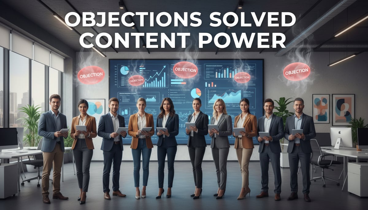 A diverse and energetic sales team, dressed in smart business casual, stands confidently in a bright, modern office space. In the foreground, stylized, glowing red 'objection' bubbles or thought clouds are visibly dissolving into wisps of smoke, representing challenges being overcome. The team members are focused on a large, interactive digital display, or individual tablets, which project vibrant, dynamic content like charts, infographics, and solution-oriented text snippets, visually demonstrating content as their tool for handling objections. A prominent, large-font overlay in the image reads: "OBJECTIONS SOLVED" and "CONTENT POWER". The atmosphere is optimistic and empowering, with subtle digital light effects emanating from the content displays.
