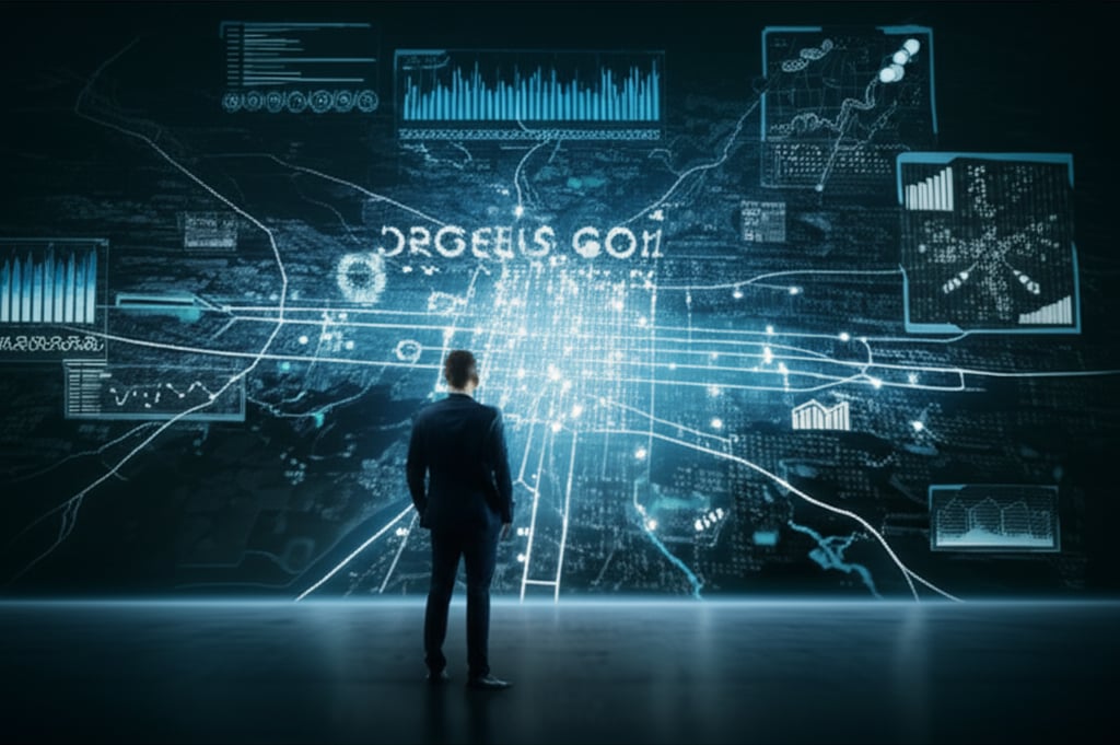 An illustrative image about: A high-tech, cinematic shot of a glowing, interactive 3D map of Dallas, highlighting distinct neighb