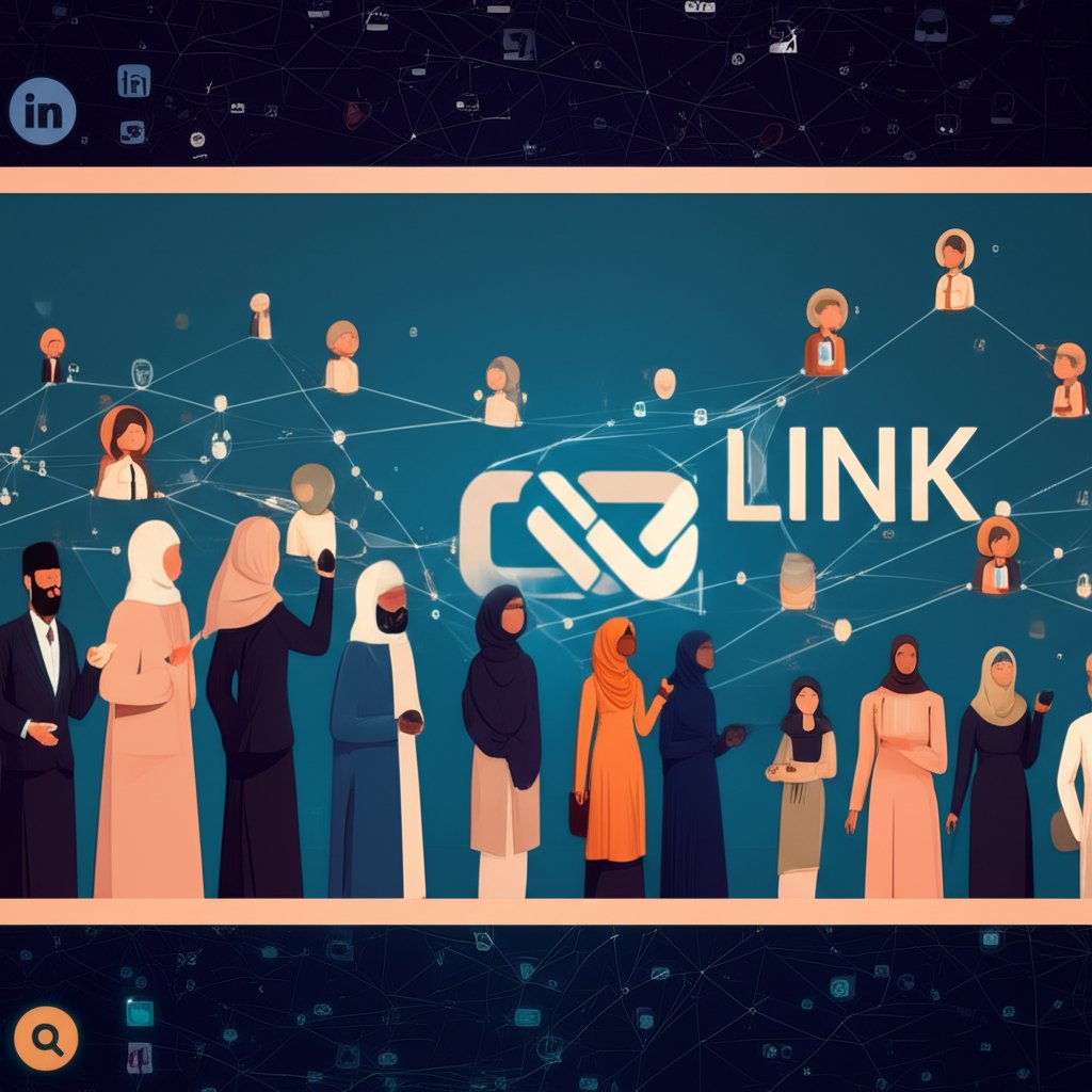 Modern illustration: Diverse professionals in Islamic finance collaborating online, featuring digital connections and a LINK icon for backlinks.