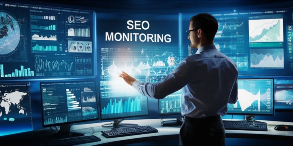 An illustrative image about: A professional digital strategist in a modern, well-lit control room, surrounded by multiple large s