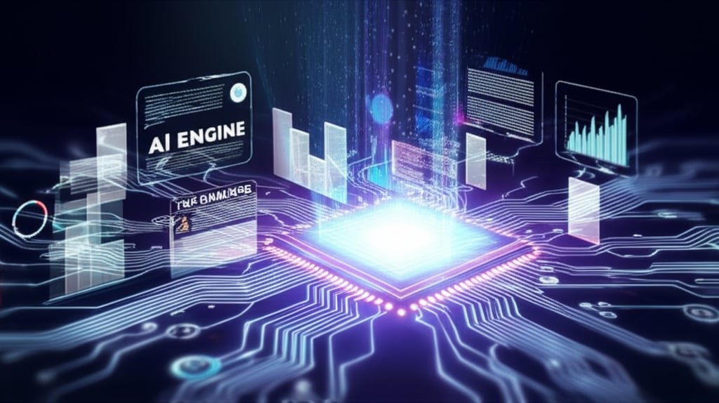 An illustrative image about: A powerful, luminous AI core radiating intricate data streams that transform into perfectly structur