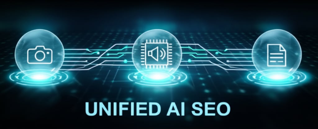 An illustrative image about: An abstract yet clear visual representation of a unified multimedia SEO strategy. Three distinct, gl