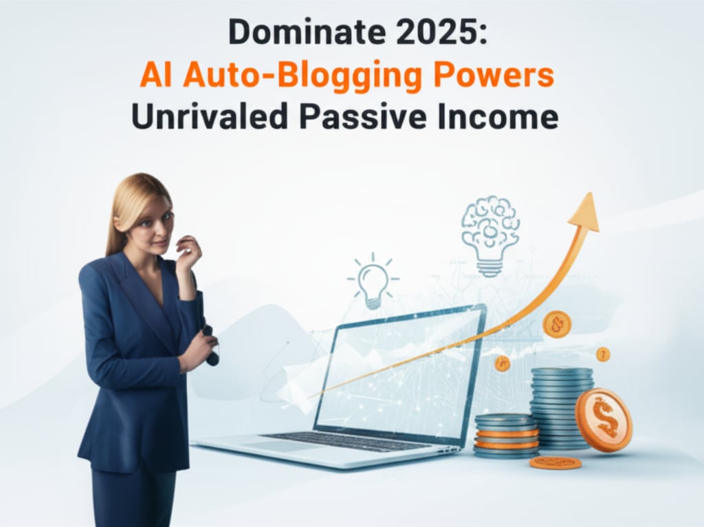 Professional avatar, laptop, AI data to financial growth, with headline about AI auto-blogging for passive income.