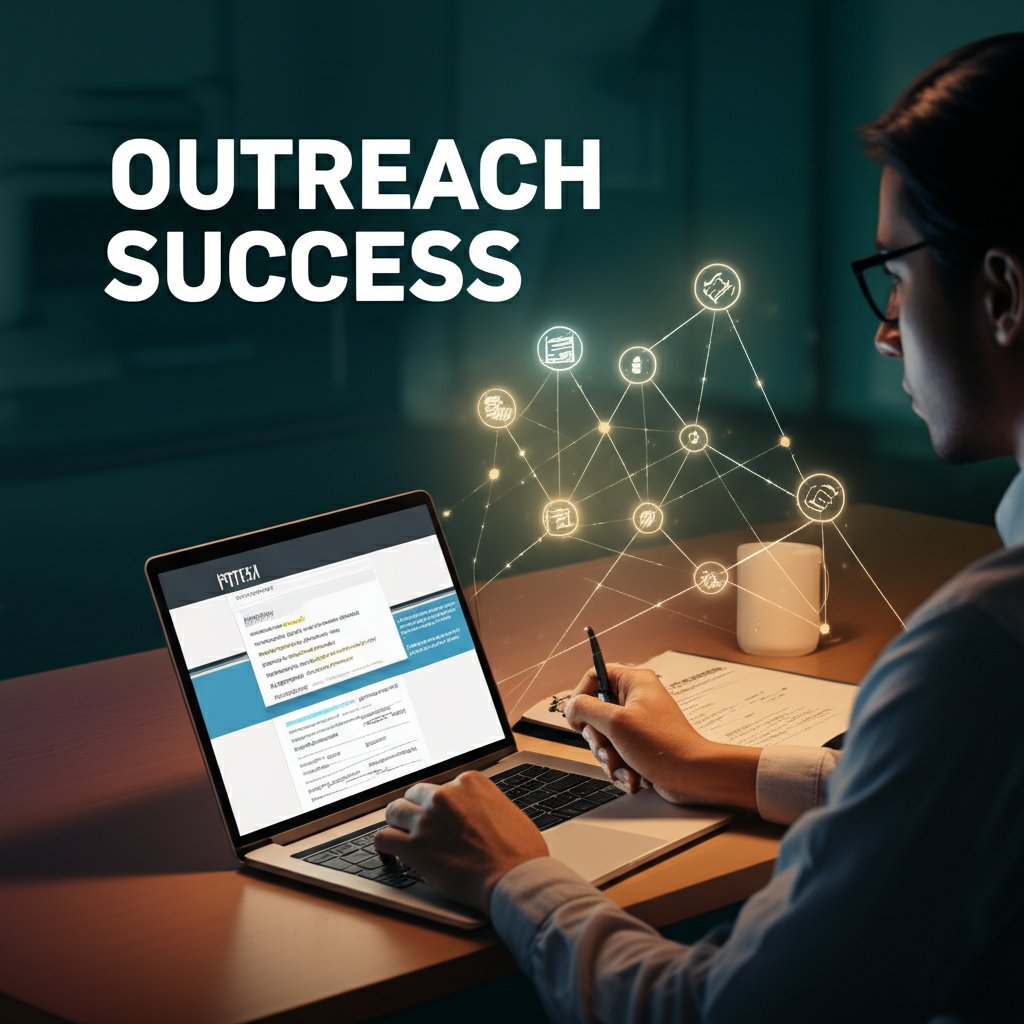 A professional in a modern office actively plans an outreach strategy with digital tools and a connected online network for success.