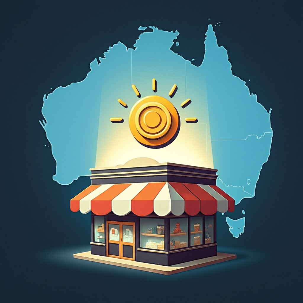 Stylized Australian news icon radiating light onto a growing business, with 'LOCAL AUTHORITY' and an Australia map.