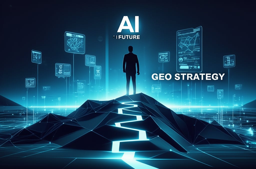 A powerful and visionary scene depicting a brand's strategic embrace of the AI-driven future. A silhouette of a leader or a prominent brand logo stands atop a digital mountain, overlooking a vast, interconnected landscape where AI search results are seamlessly integrated into the environment. Glowing pathways lead forward, symbolizing clear strategy and future-proofing. Text on image: 'AI FUTURE', 'GEO STRATEGY' in bold, inspiring fonts. Dynamic, high-resolution, conceptual digital painting.