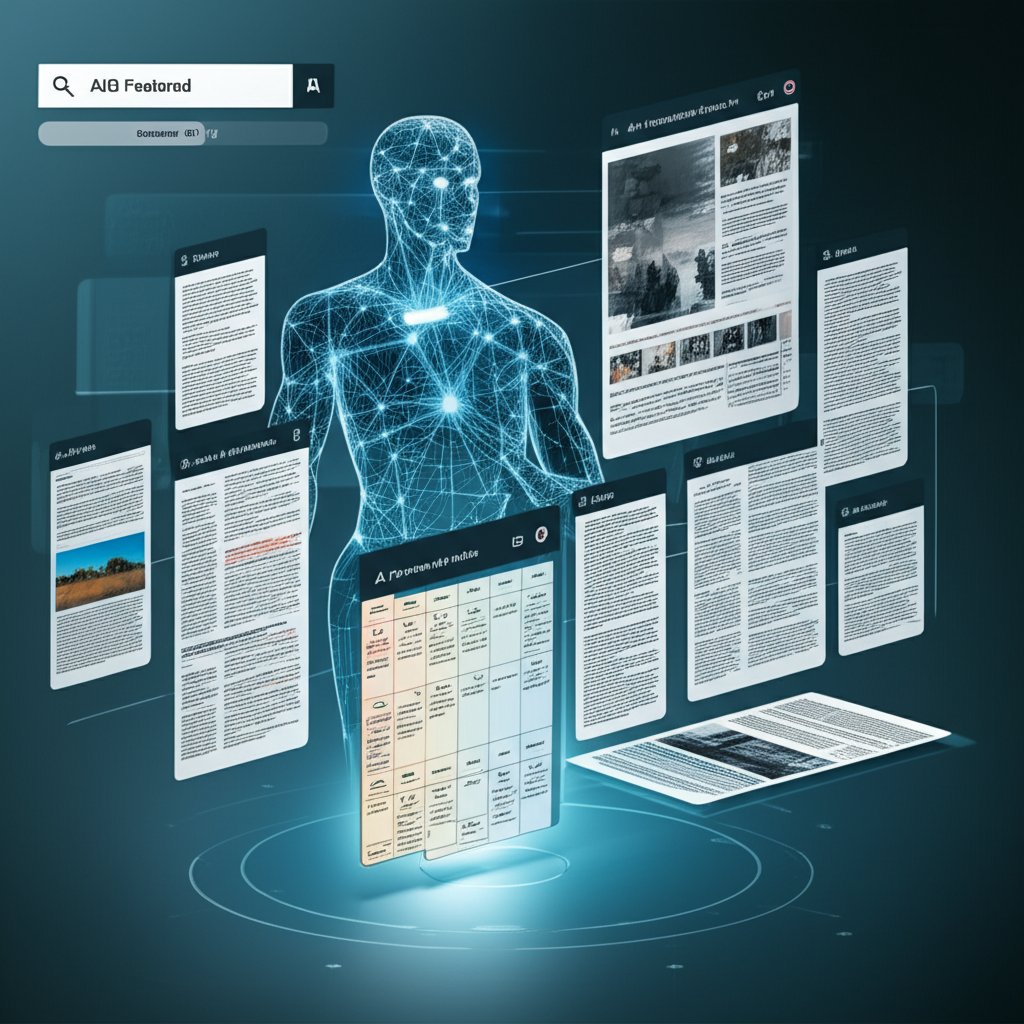 A conceptual illustration showing an intelligent AI system selecting content for AI Overviews.