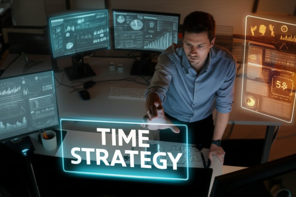 A determined startup founder amidst glowing screens reaches for a TIME and STRATEGY blueprint in a modern office.