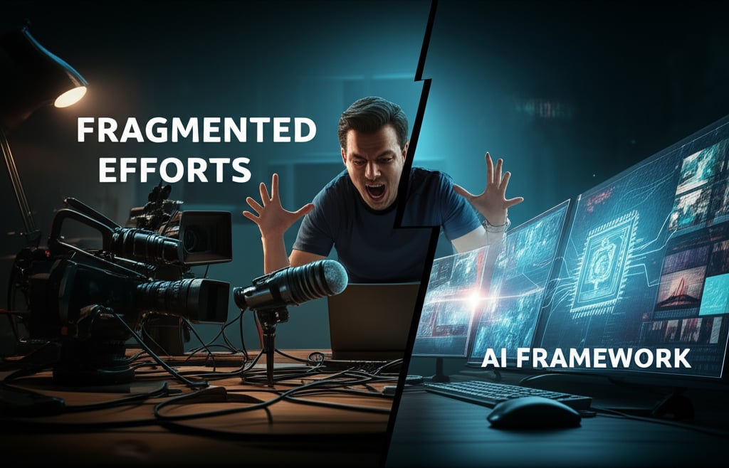 An illustrative image about: A dynamic split image depicting chaos versus order. On the left, a cluttered, dimly lit creative stu