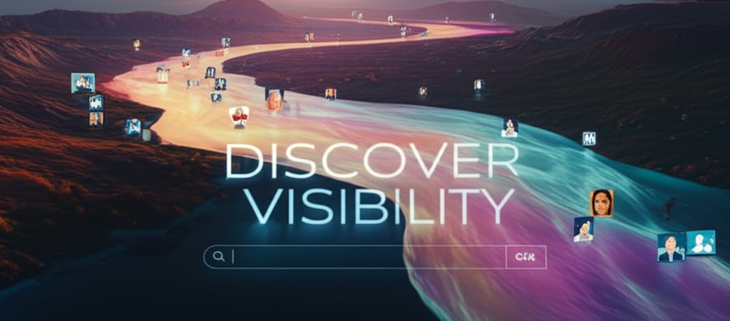 An illustrative image about: A high-angle, panoramic view of a vast digital landscape. Below, a conventional search engine interf