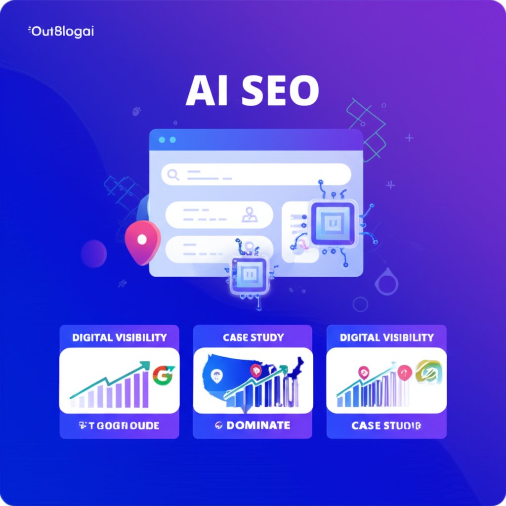 A modern AI SEO illustration features a local search dashboard with map and ratings, alongside three case study cards showing regional growth.