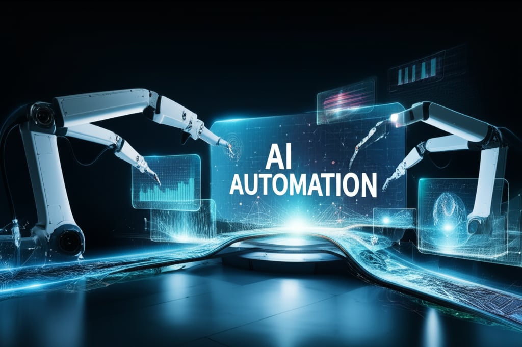 Dynamic AI system with robotic arms automating SEO, manipulating data on screens showing 'AI Automation' & analytics.