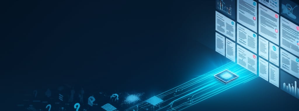 An abstract tech image showing raw data transforming into highly organized, LLM-optimized content through a glowing teal AI core.