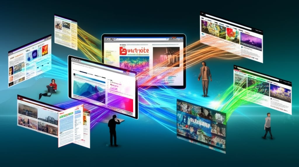 An illustrative image about: A dynamic, interconnected network of diverse digital touchpoints, including a web browser, social me