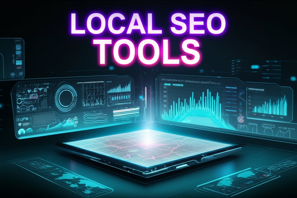 A dynamic, high-tech digital workbench displaying various local SEO tools. A central glowing screen shows a grid-based local rank tracker map, surrounded by interfaces for Google Business Profile, keyword research graphs, and analytics dashboards. Holographic text in large, bold fonts above reads 'LOCAL SEO' and 'TOOLS'. Vibrant colors, clean lines, data-driven.